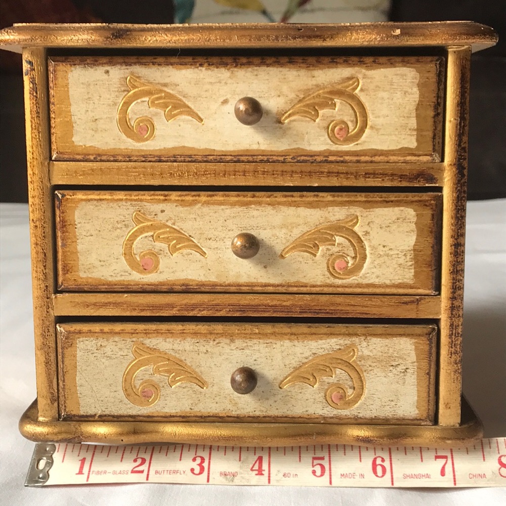 Gold tone wooden 3 drawer music jewelry box
